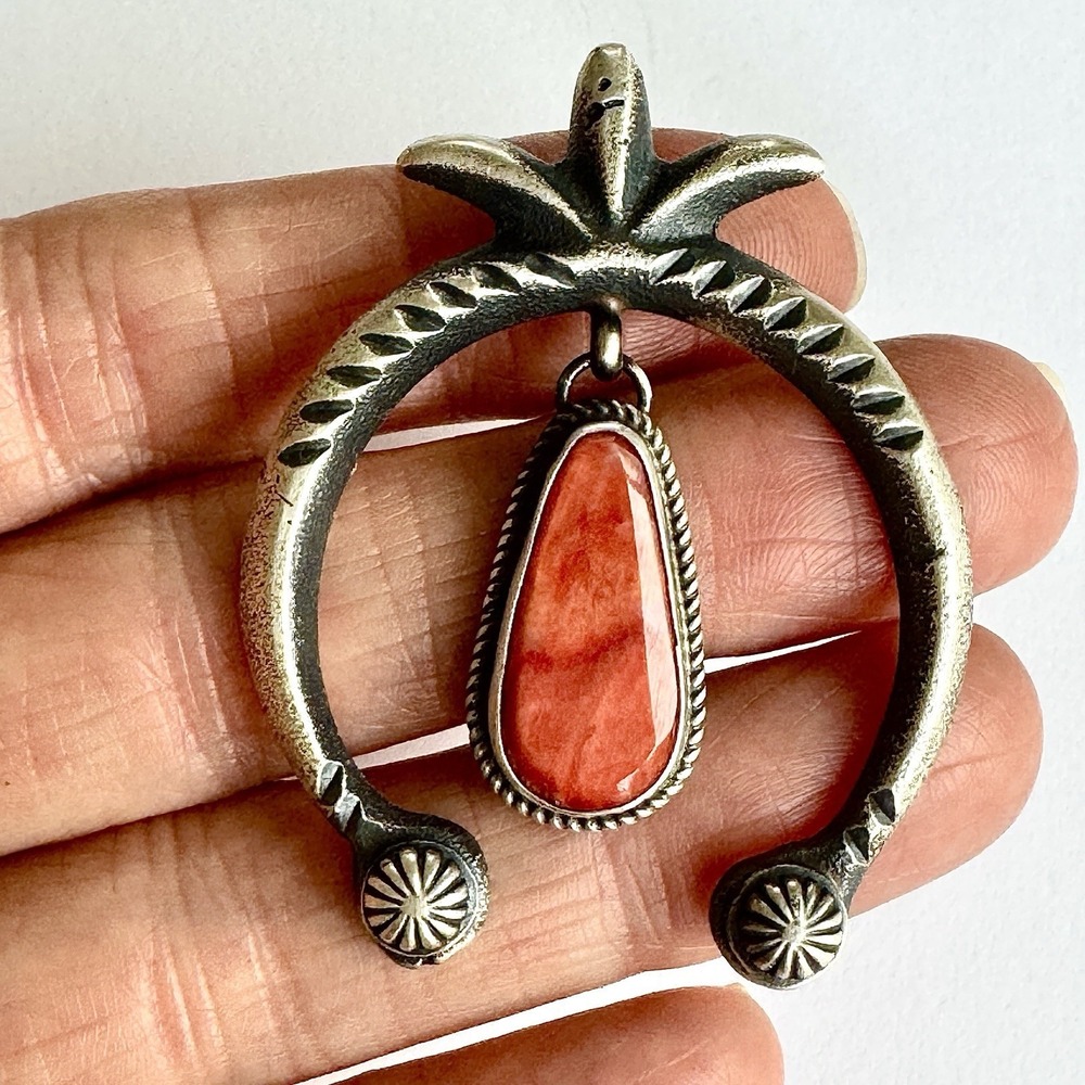 Navajo Naja Pendant Orange Spiny Oyster Signed MC 2in Sterling Squash Blossom